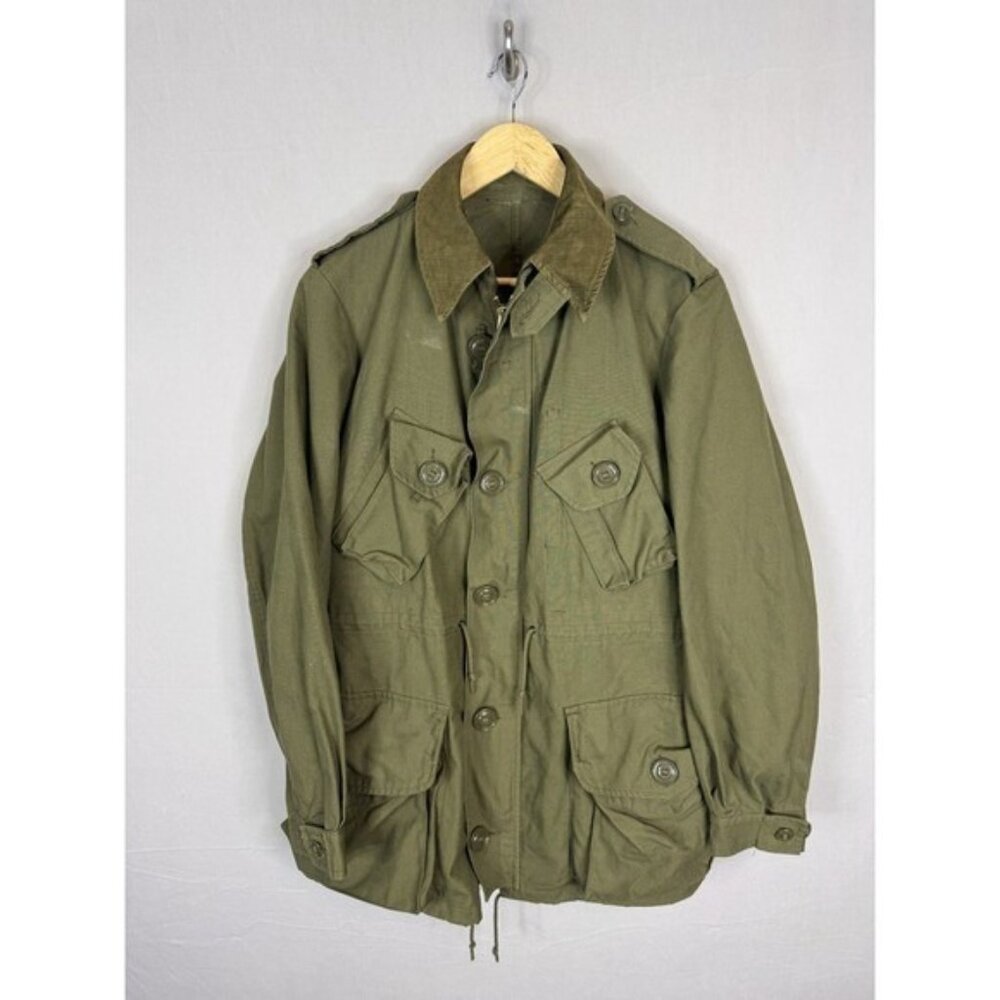 Vintage Olive Green Military Field Jacket Corduroy Collar Utility Coat Mens S
